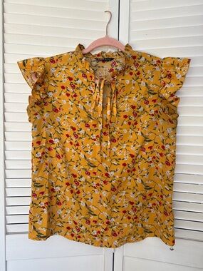 Floral Tie-Neck Ruffle Sleeve Top - Mustard